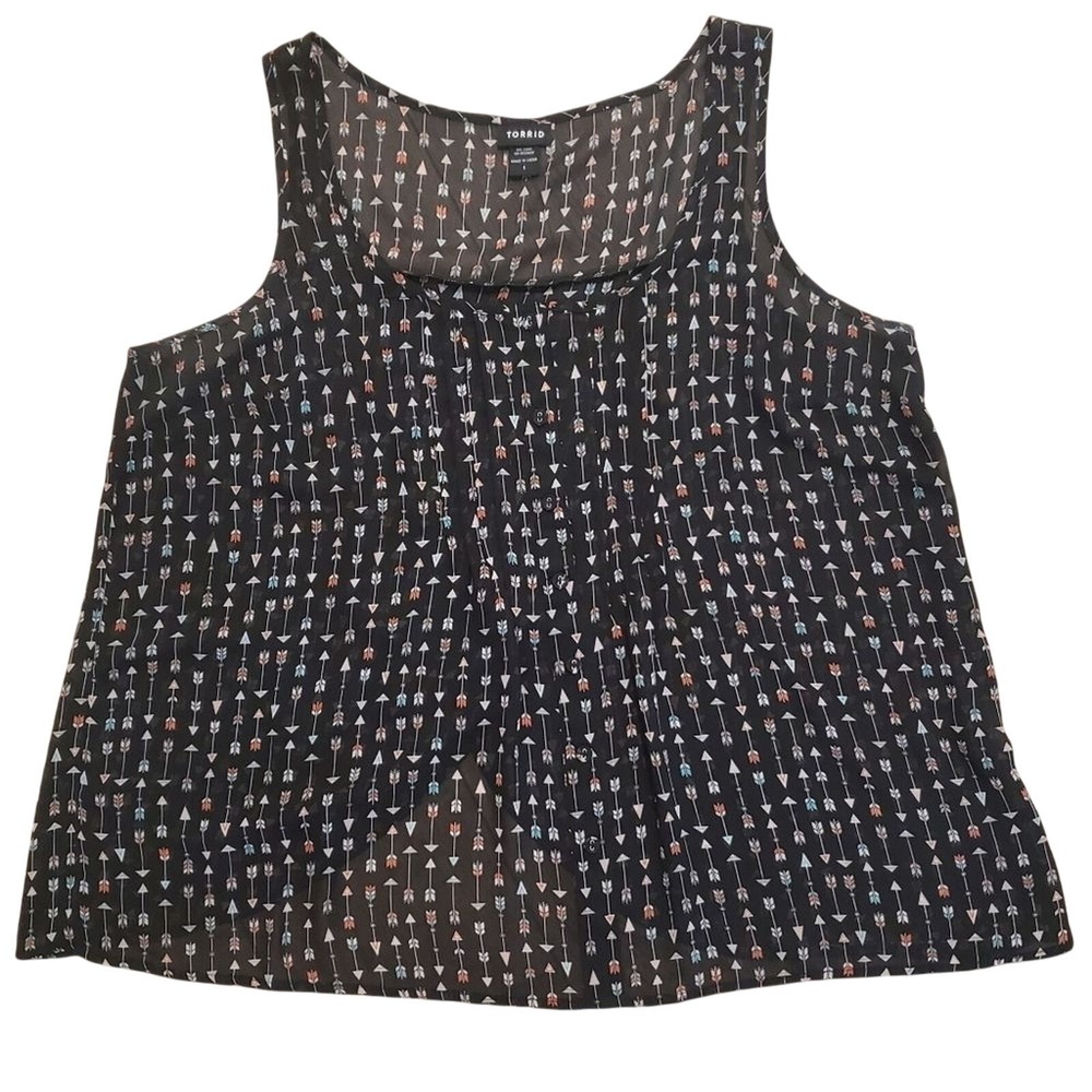 Torrid Tank Top 1 1X 14 16 Black Arrows Sheer Babydoll Shirt Flowy Blouse